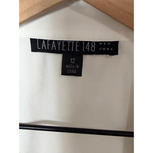 LAFAYETTE 148 White Cotton Blend Pleated 3/4 Sleeve Collared Shirt Top‎ Size 12 - Picture 4 of 7